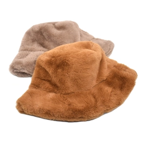 Winter plush bucket hat set in caramel and taupe thick faux fur for women's warmth