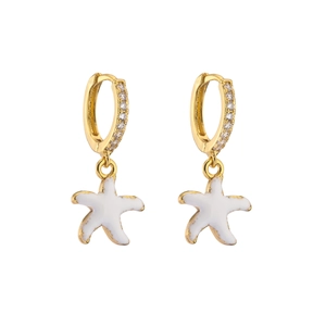 Detail of gold-plated starfish drop earrings with micro-pave zircons and white enamel