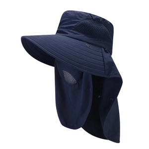 Quick-dry breathable outdoor sun hat with face shield and neck flap in navy blue