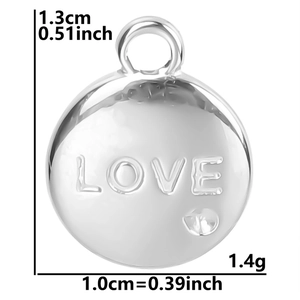 Detailed view of silver stainless steel LOVE pendant with dimensions and weight specs