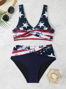 Two-piece American flag print bikini with V-neck knot top and high waist bottom set