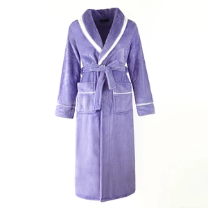 Thick purple flannel bath robe with white piping trim and waist tie for winter comfort