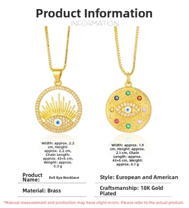 Brass 18K gold evil eye necklace specs including size 2x2.2cm and 43+5cm chain length