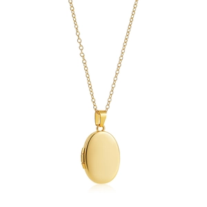 Detailed close-up of polished 18K gold stainless steel oval locket necklace on white