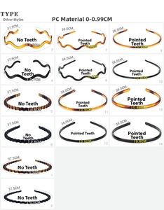 Size chart showing width and length for various black plastic hairbands and DIY headbands