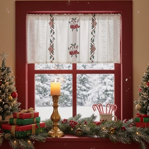 Christmas coffee curtain with festive bell and sock embroidery on white lace fabric