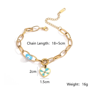 Detail of gold stainless steel chain with blue evil eye bead and enamel heart pendant