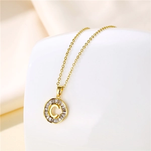 18K gold plated stainless steel necklace featuring a round zircon-encrusted letter C pendant