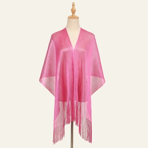 Sparkling bright pink lurex bikini cover-up shawl with long fringe tassels
