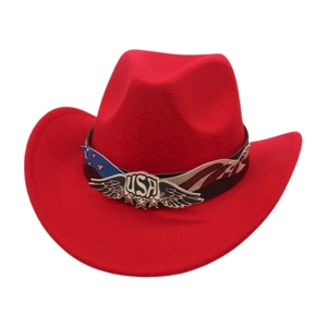 Detail of red felt cowboy hat with USA flag band and silver eagle wing emblem