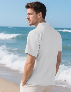 Men's striped polo shirt back view on beach, breathable summer short sleeve casual top