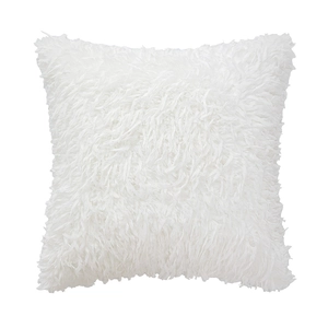 Minimalist white faux fur plush pillow cover featuring soft fluffy texture on white backdrop