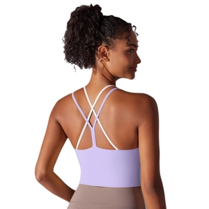 Brassière de sport lilas avec bretelles croisées violettes et blanches pour yoga