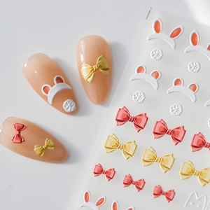 Stickers nail art 3D avec nœuds roses et motifs de lapins blancs sur support transparent