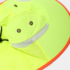Detail of high-visibility reflective safety sun hat with mesh vents and neck protection