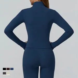 Slim fit navy blue yoga jacket and leggings set for women's outdoor running workouts