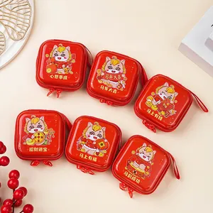 Set of 6 red festive coin purses with cute zodiac horse patterns and wrist straps