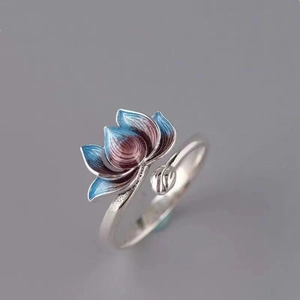 Enamel lotus koi ring in silver with blue gradient petals and adjustable open band