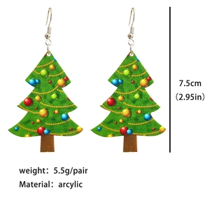 Green acrylic Christmas tree earrings with colorful dots and size specifications