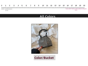 Detailed view of rhinestone bucket bag with drawstring closure and 20cm scale ruler