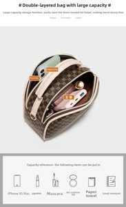 Internal detail of a brown patterned double zipper clutch bag showing spacious storage capacity