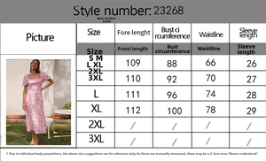 Detailed size chart for backless floral puff sleeve dress showing S to XL measurements