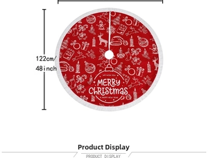 Detailed view of 122cm red Christmas tree skirt with reindeer prints and white tassels