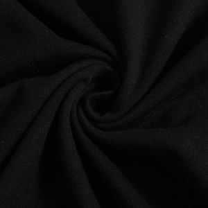 Close-up of black knitted fabric texture showing refined weaving and soft drape
