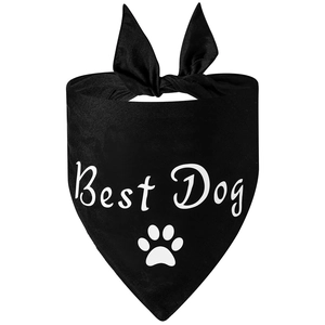 Detail of black cotton dog bandana with white Best Dog text and paw print design