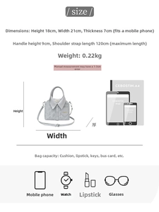 Size chart for clothes-style bucket bag showing 18cm height and 21cm width dimensions
