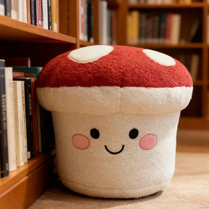 Cute mushroom plush stool made of red and white sherpa fleece with embroidered face
