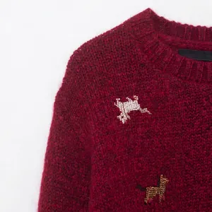Burgundy mohair knit sweater featuring intricate animal bead embroidery on the neckline