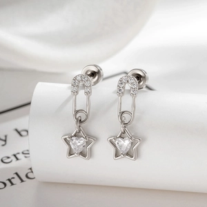 Paperclip Safety Pin Star Pendant Ear Bone Stud With Heart Cubic Zirconia Titanium Steel Piercing Jewelry Minimalist