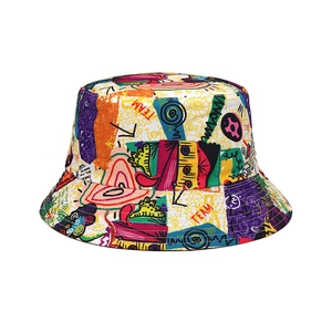 Graffiti bucket hat with colorful double-sided print and street style team lettering
