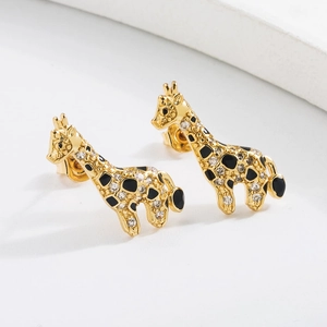 Cute 18K gold plated giraffe stud earrings with black spots and sparkling crystals