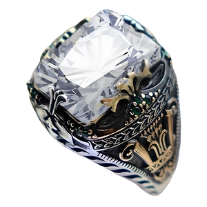 Men Vintage Copper Ring Two Tone Plated Large Artificial Gemstone Carved Relief Retro Ethnic Style Banquet Jewelry