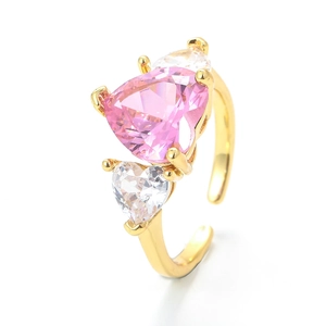 Adjustable gold open ring with sparkling heart-shaped pink and white zircon stones