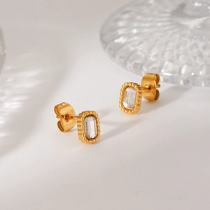 Square stainless steel stud earrings with white zircon and beaded gold metal edge decor