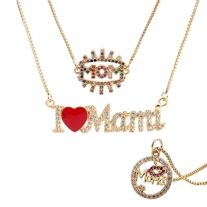 Gold Plated Copper Pendant Necklace With MOM MAMA Letter Colorful Cubic Zirconia Heart Moon Hamsa Jewelry Gift For Mother