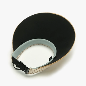 Women's striped straw sun visor hat with wide anti-UV brim and adjustable buckle strap