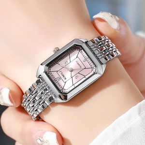Elegant rectangular quartz watch for women with pink sunray dial and silver steel band