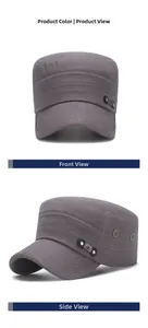 Detailed front and side views of grey cotton cadet cap with fashion buckle and air vents