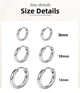 Size comparison of 8mm, 10mm, and 12mm silver stainless steel hoop earrings