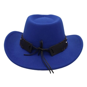 Detail view of blue felt cowboy hat with leather band, metallic studs and long tassels