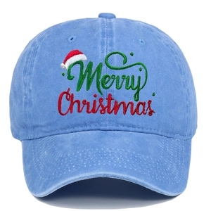 Washed blue baseball cap featuring Merry Christmas Santa hat embroidery for outdoor sport