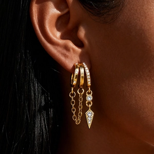 Détail du lot de boucles d'oreilles en acier doré avec glands et zircons sur l'oreille