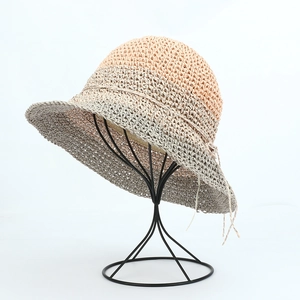 Handmade crochet straw sun hat with wide brim in orange and gray color block design