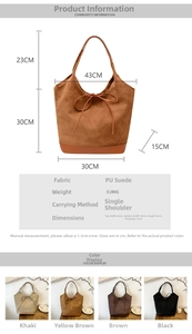 Detailed size measurement chart for this large suede shoulder tote with dimensions