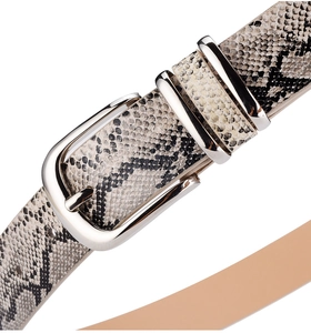 Gros plan de la ceinture en cuir motif serpent avec une boucle métallique argentée