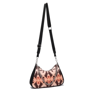 Detail of bohemian geometric print shoulder bag with silver chain and wide black strap